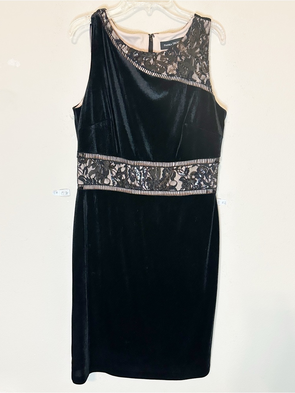 Ivanka Trump Black Velvet Sheath Dress with Lace and sequin Insets- size 8